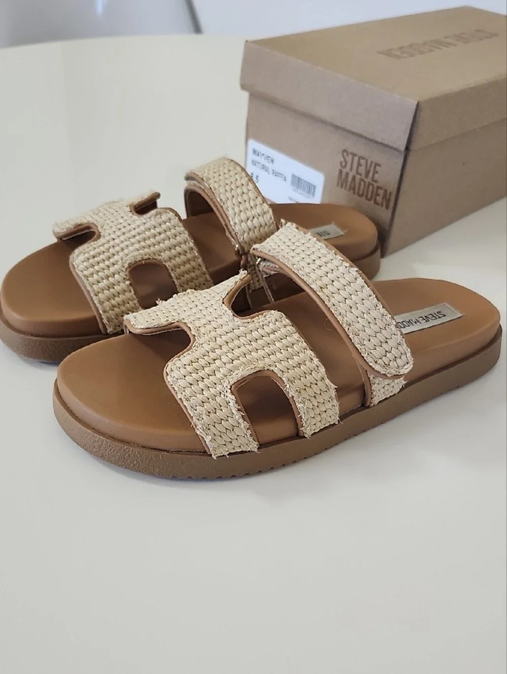 Steve Madden Mayven Natural Raffia Woven Slide Sandals